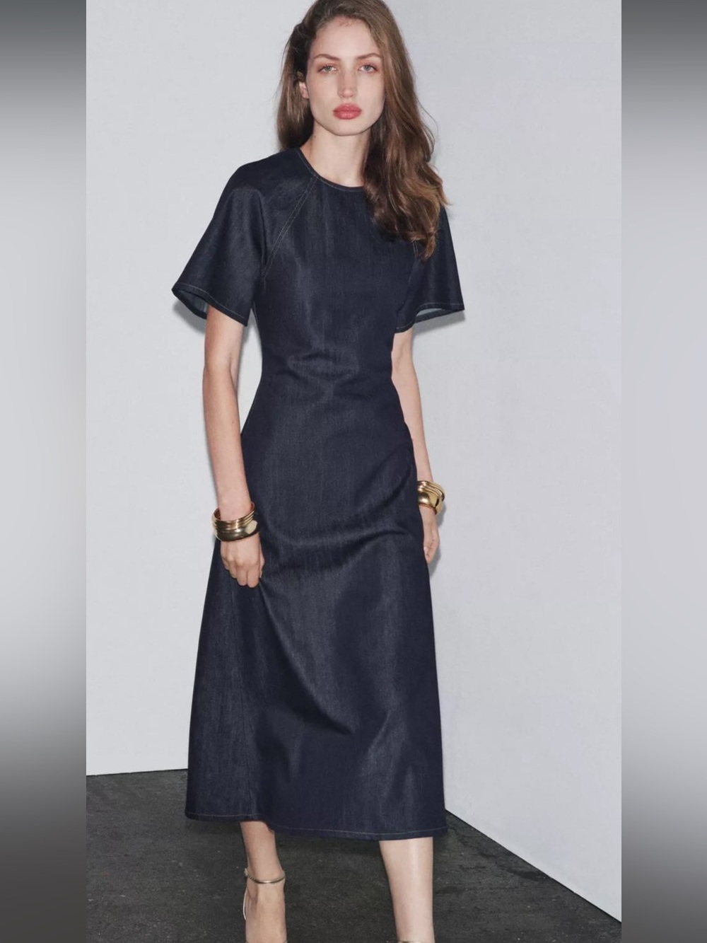 Zara Navy Denim Maxi Dress with Short Sleeves
